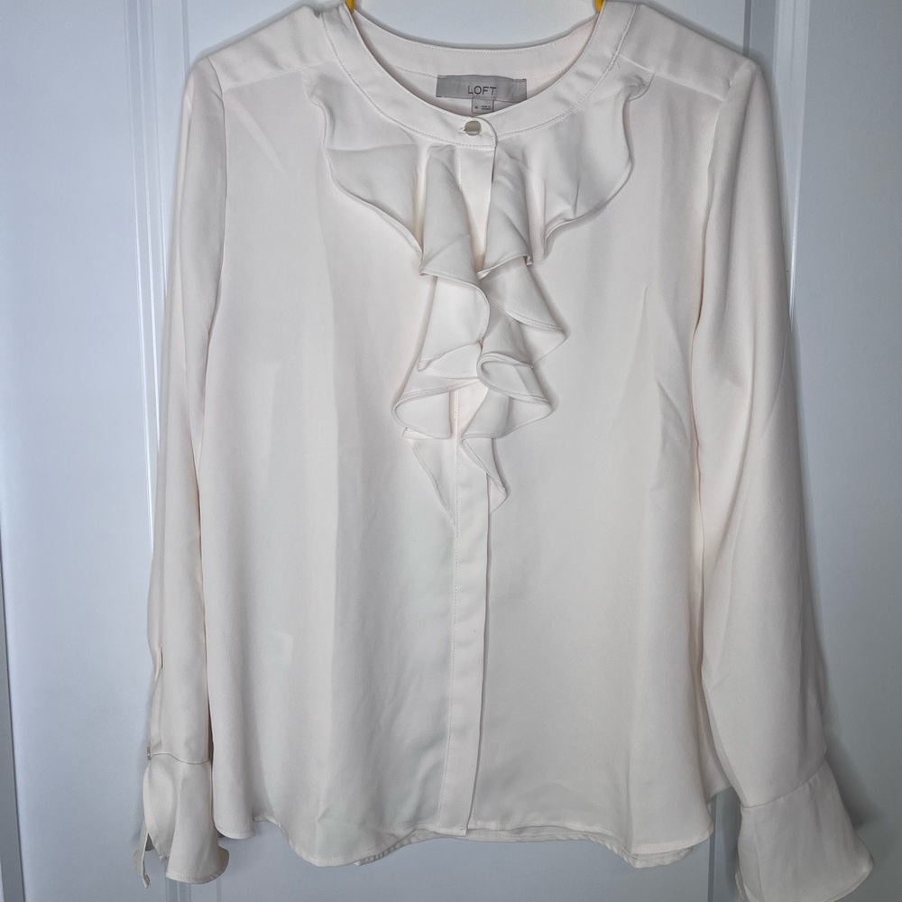 LOFT Cream Long Sleeve Ruffled Blouse